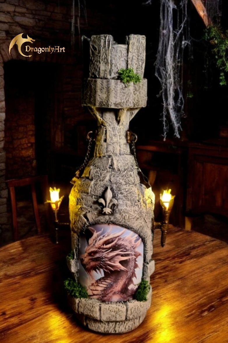 Hand-Altered Bottle Sculpture with Dragon Motif and Working Torches