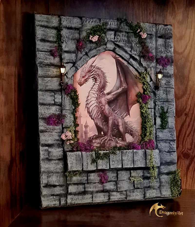 Decorative wall art with a dragon design on a stone archway