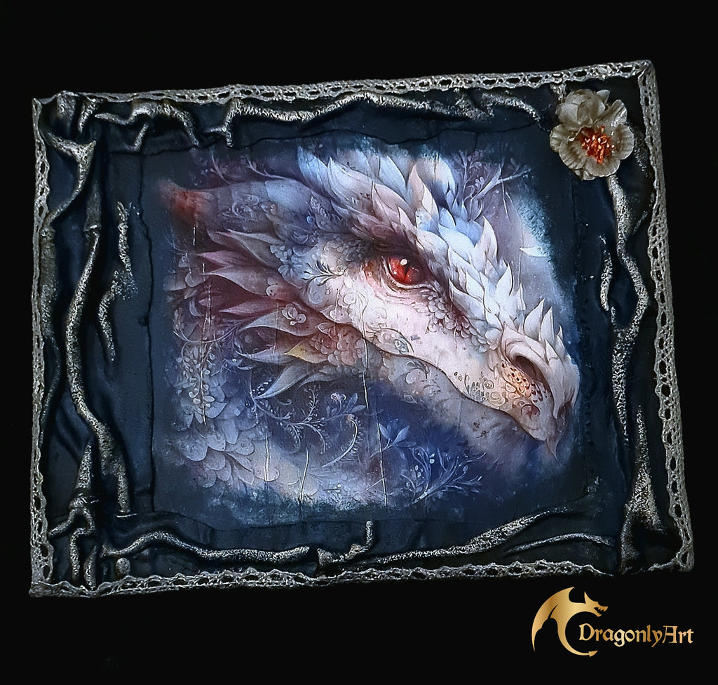 Artistic depiction of a dragon's head with intricate details on a dark background, featuring the brand 'Dragonfly Art'.