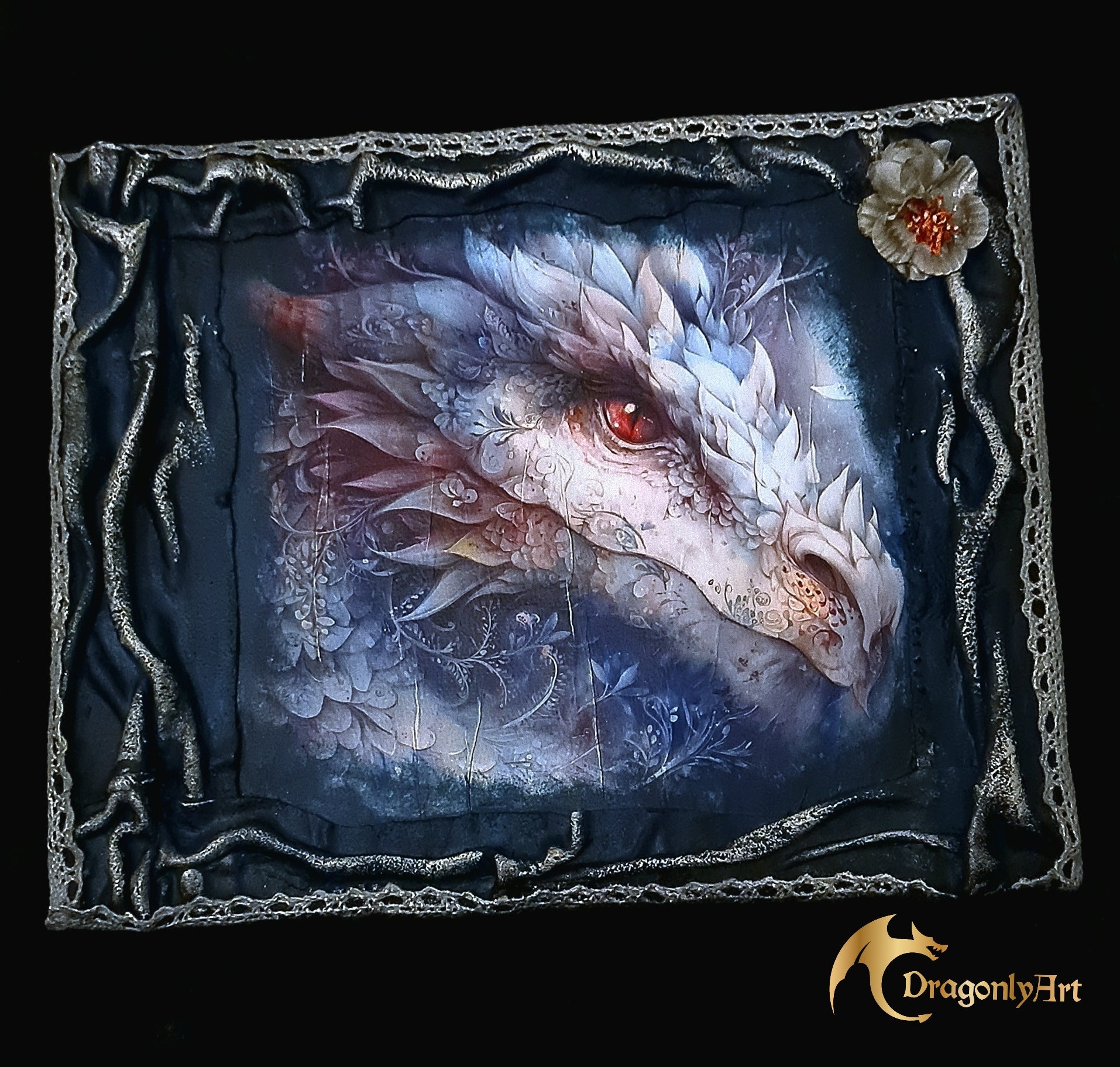 Artistic depiction of a dragon's head with intricate details on a dark background, featuring the brand 'Dragonfly Art'.