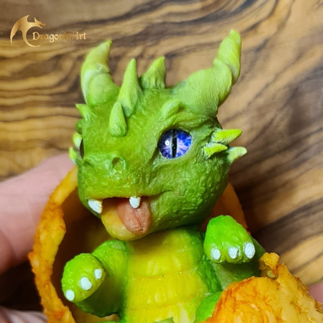 Green Baby Dragon Hatchling in Egg – Handmade Polymer Clay Fantasy Dragon Sculpture
