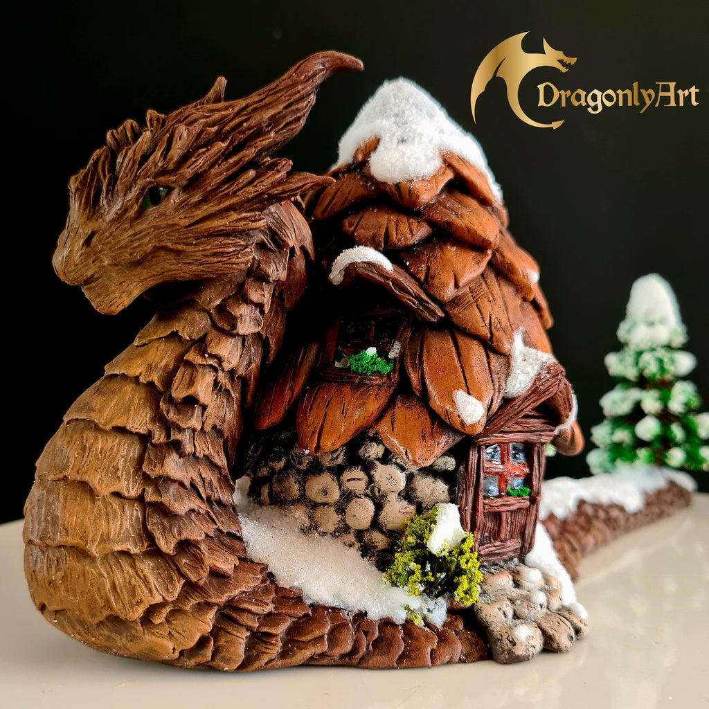 Winter Snagon With Woodland Cottage – Handmade Fantasy Creature