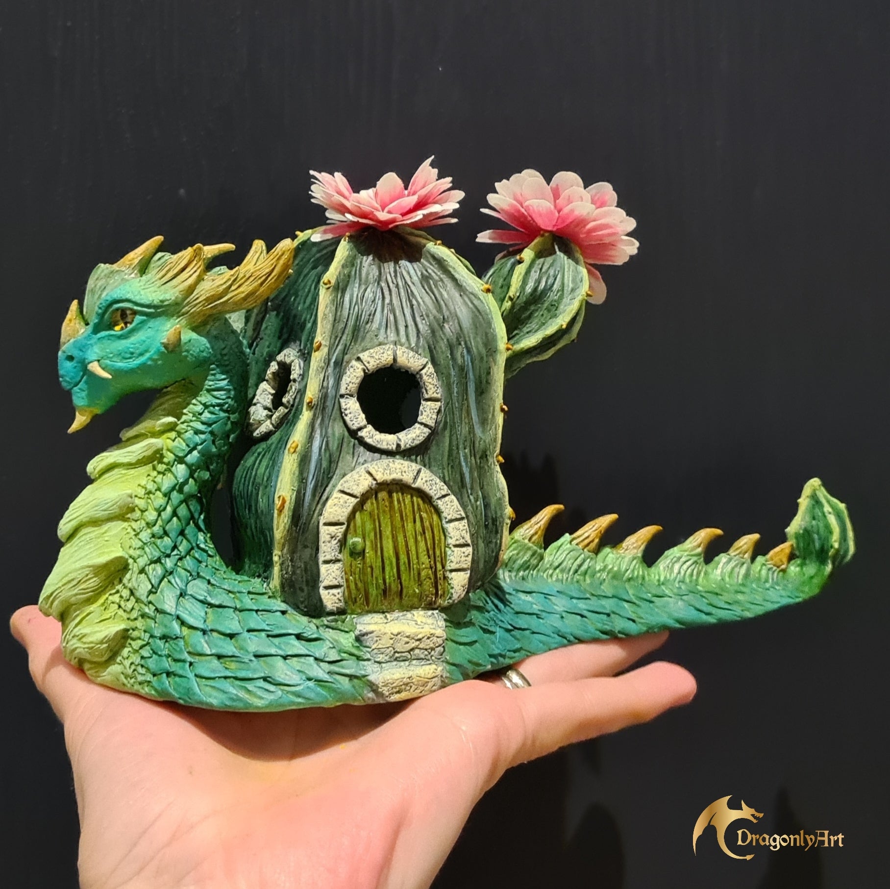 Cactus Snagon with Light – OOAK Handmade Snail Dragon Sculpture
