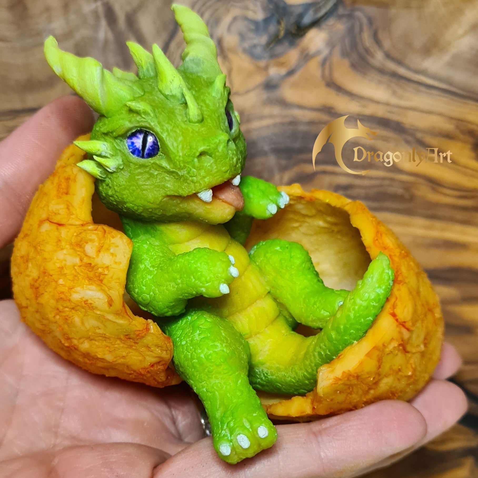 Green Baby Dragon Hatchling in Egg – Handmade Polymer Clay Fantasy Dragon Sculpture