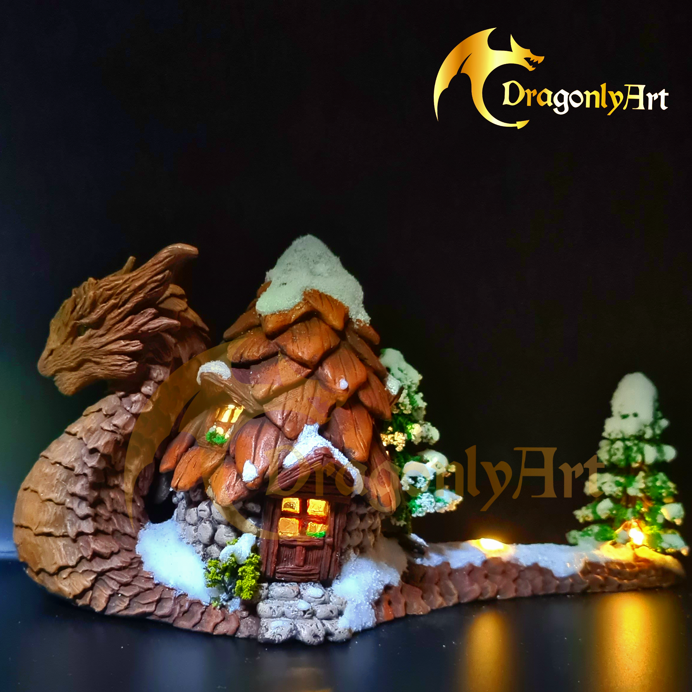 Winter Snagon With Woodland Cottage – Handmade Fantasy Creature