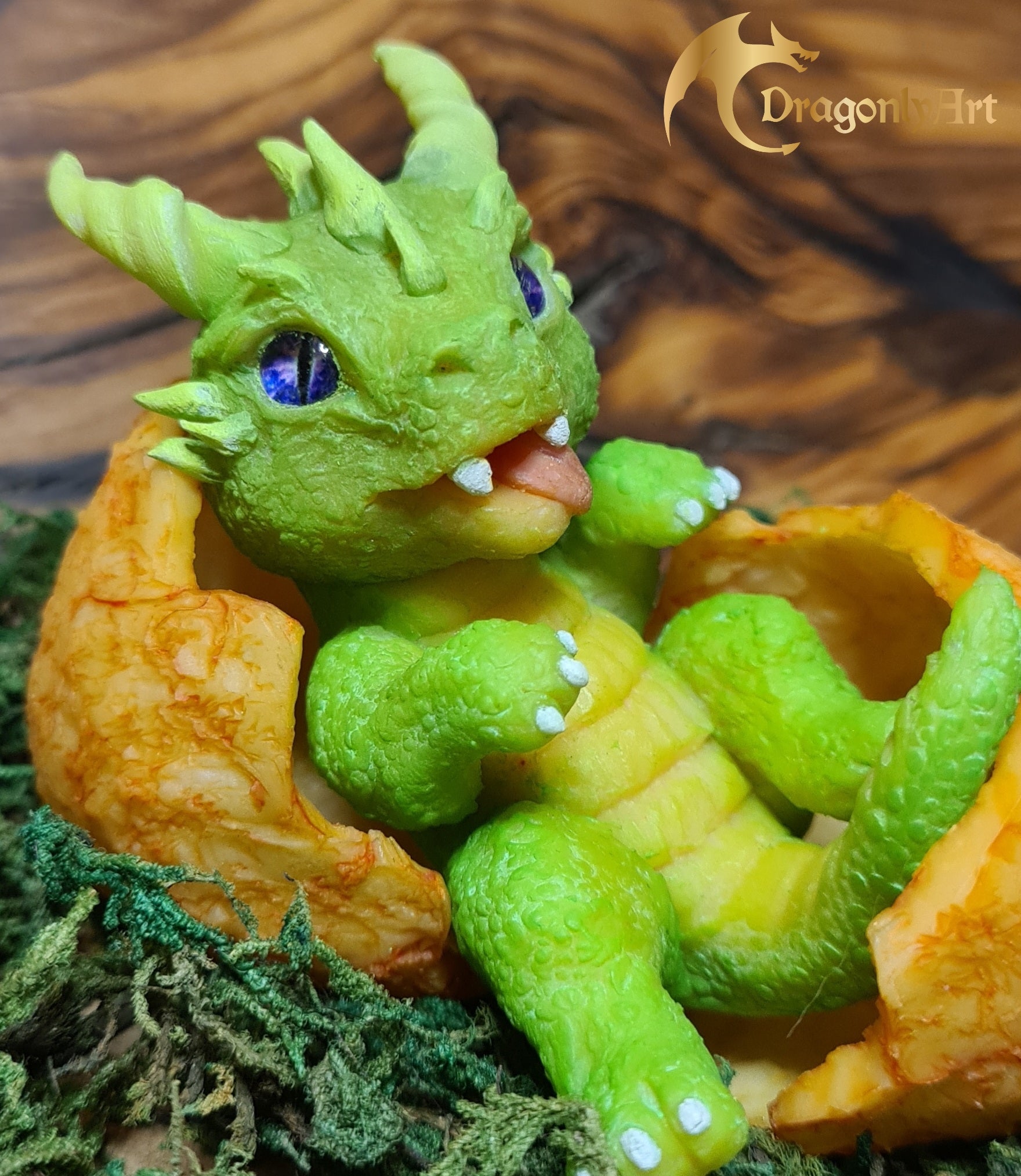 Green Baby Dragon Hatchling in Egg – Handmade Polymer Clay Fantasy Dragon Sculpture