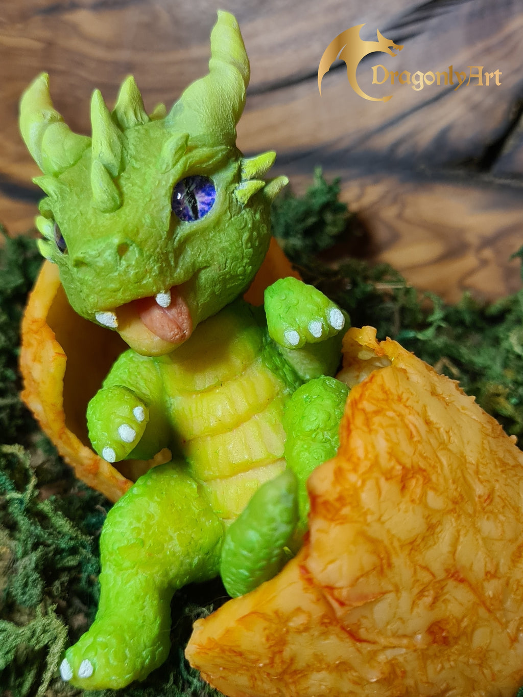 Green Baby Dragon Hatchling in Egg – Handmade Polymer Clay Fantasy Dragon Sculpture