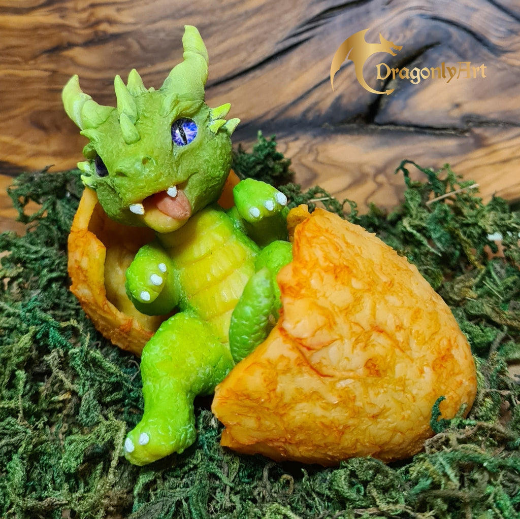 Green Baby Dragon Hatchling in Egg – Handmade Polymer Clay Fantasy Dragon Sculpture