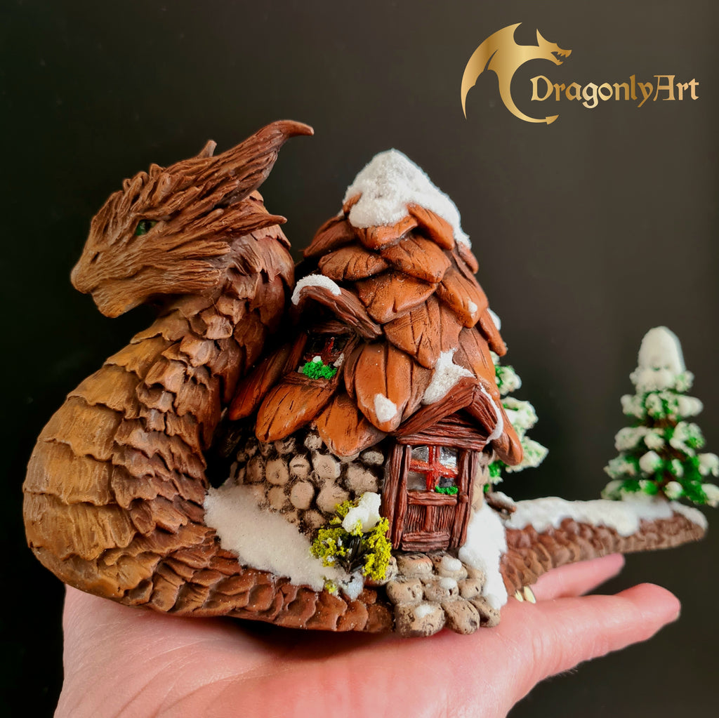 Winter Snagon With Woodland Cottage – Handmade Fantasy Creature